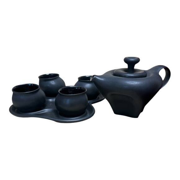 Rare Peter Saenger Modernist Black Porcelain Nesting Tea Set Pot 4 Cups Tray - Picture 5 of 10